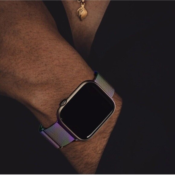 For Apple iWatch Series-Metal Stainless Steel Bands Rainbow & Pink (1) Set of 2 - Picture 1 of 10